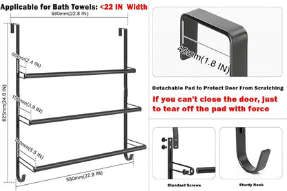 Livabber 3-Tier Over The Door Towel Rack, All Metal Towel Rack with Hooks for Door Hanging, Behind Door Towel Bar Towel Storage Holder for Bathroom Accessories, Black (22.8" L x 5.9" W x 24.4" H)