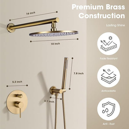 TRUSTMI 10" Pressure Balance Rain Shower System with Handheld, Brushed Gold | Rain shower faucet with cUPC valve and handheld spray. Prevents scalding, ideal for safe modern bathroom upgrades
