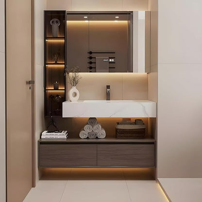Bathroom Vanity, Floating Bathroom Sink Vanity, Modern Bathroom Vanities with Smart Defogging LED Mirror & Glass Side Cabinet, Wall Mounted Vanities for Restroom, Solid Wood (36in)