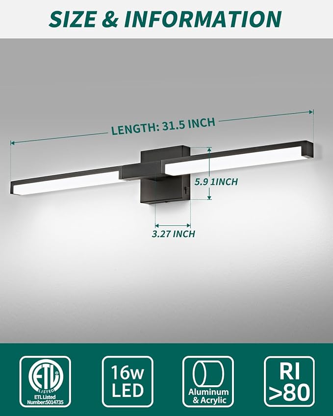 OKELI Modern Bathroom Light Fixtures Over Mirror, 32 Inch Matte Black Vanity Light Bar for Bathroom, 16W 5CCT Diammable Wall Light - 2Pack