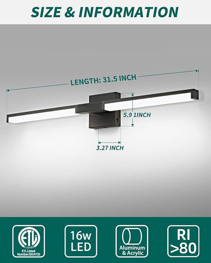 OKELI Modern Bathroom Light Fixtures Over Mirror, 32 Inch Matte Black Vanity Light Bar for Bathroom, 16W 5CCT Diammable Wall Light - 2Pack