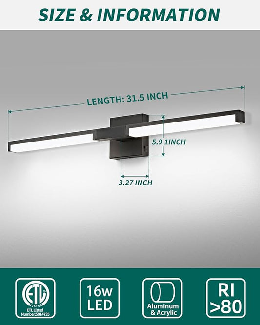 OKELI Modern Bathroom Light Fixtures Over Mirror, 32 Inch Matte Black Vanity Light Bar for Bathroom, 16W 5CCT Diammable Wall Light - 2Pack