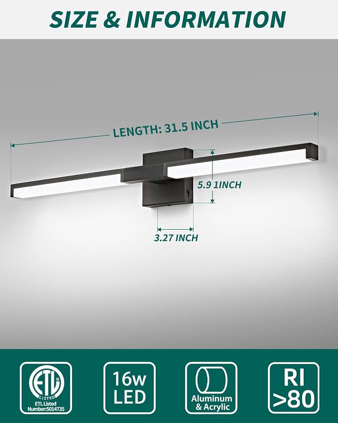 Modern Bathroom Light Fixtures Over Mirror, 32 Inch Matte Black Vanity Light Bar for Bathroom, 16W 5CCT Diammable Wall Light - 2Pack