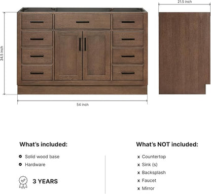 ARIEL Hepburn 54-inch Bathroom Vanity Base Cabinet,Solid Wood, 2 Soft Closing Doors, 9 Dovetail Drawers, Brown Oak