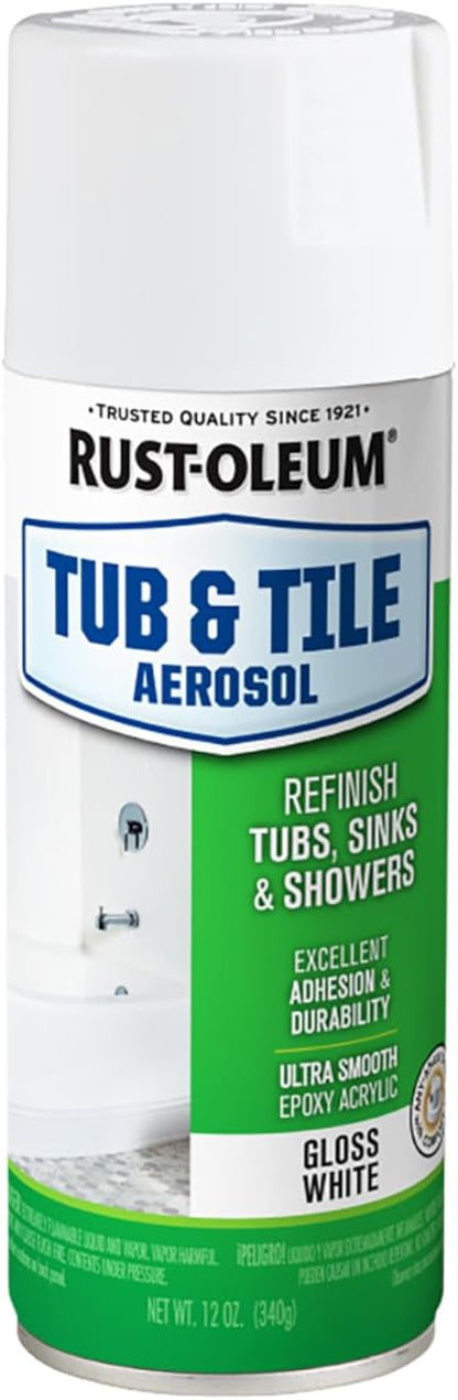 Rust-Oleum Tub & Tile White Spray Paint | Bathroom Surface Refresh, Ceramic Porcelain Fiberglass, Durable Moisture Resistant Finish, 12 Oz