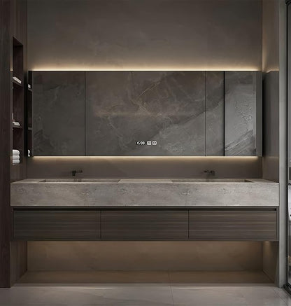 Double Sink Bathroom Vanity, Wood Looking Bath Vanity Includes Smart Anti-Fog Mirror Cabinet, Slate Countertop and One-Piece Sink, Wall Mounted Vanities with Soft-Close Drawers (Dark Walnut,96")
