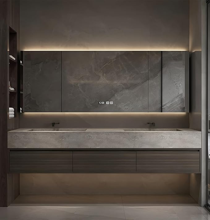 Double Sink Bathroom Vanity, Wood Looking Bath Vanity Includes Smart Anti-Fog Mirror Cabinet, Slate Countertop and One-Piece Sink, Wall Mounted Vanities with Soft-Close Drawers (Dark Walnut,68")