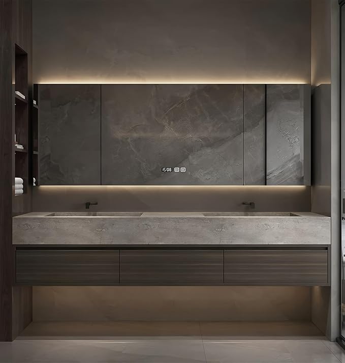 Double Sink Bathroom Vanity, Wood Looking Bath Vanity Includes Smart Anti-Fog Mirror Cabinet, Slate Countertop and One-Piece Sink, Wall Mounted Vanities with Soft-Close Drawers (Dark Walnut,80")