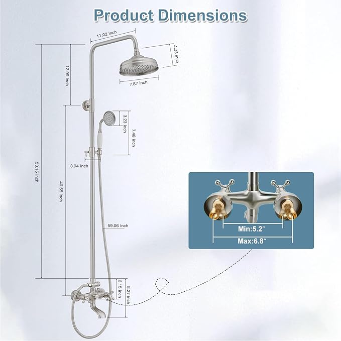 BWE Exposed Bathroom Shower Faucet Set Brushed Nickel Bathroom Shower Faucet Triple Functions 8 Inch Rainfall Shower Head Handheld Spray with Tub Spout Exposed Shower System Double Handle