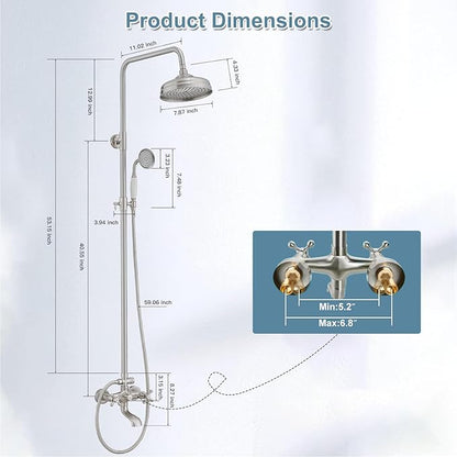 BWE Exposed Bathroom Shower Faucet Set Brushed Nickel Bathroom Shower Faucet Triple Functions 8 Inch Rainfall Shower Head Handheld Spray with Tub Spout Exposed Shower System Double Handle