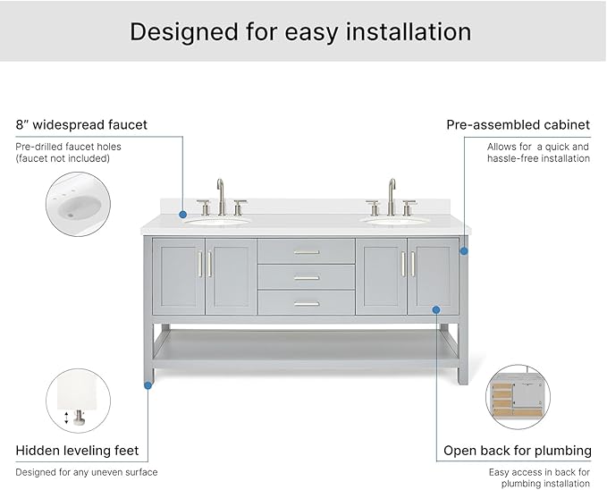 ARIEL Magnolia 72-inch Bathroom Vanity with Sink,Solid Wood, 1.5-inch Pure White Quartz Countertop & Backsplash, Double Oval Porcelain Sink, 4 Soft Closing Doors, 3 Dovetail Drawers, Grey