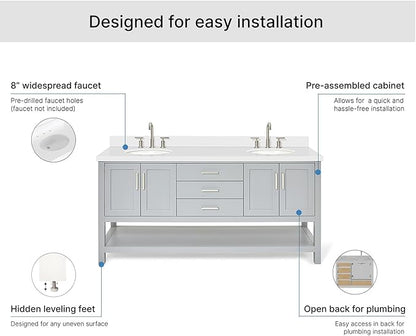 ARIEL Magnolia 72-inch Bathroom Vanity with Sink,Solid Wood, 1.5-inch Pure White Quartz Countertop & Backsplash, Double Oval Porcelain Sink, 4 Soft Closing Doors, 3 Dovetail Drawers, Grey