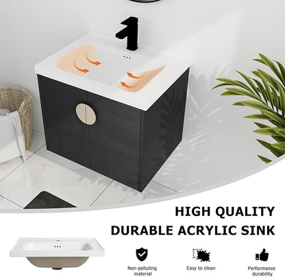 Henf Bathroom Vanity, 24 Inch, Wall Mount, Modern, Black, Ceramic Countertop, Double Doors, Floating, Gold Handle