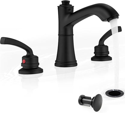 Brass Black Widespread Bathroom Faucet 3 Hole, 8 Inch Farmhouse Black Bathroom Sink Faucet 2 Handle with Pop up Drain & Pre-Installed Water Hose