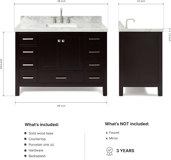 Beckford 48-Inch Bathroom Vanity with Sink — Espresso Single Sink Bathroom Vanity, 1.5" Edge Italian Carrara Marble Top, Solid Wood, 2 Soft-Close Doors, 9 Dovetail Drawers