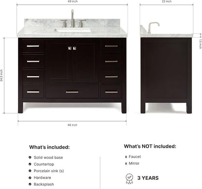 Beckford 48-Inch Bathroom Vanity with Sink — Espresso Single Sink Bathroom Vanity, 1.5" Edge Italian Carrara Marble Top, Solid Wood, 2 Soft-Close Doors, 9 Dovetail Drawers