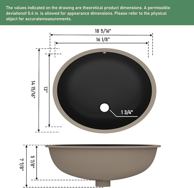 18x15 Inch Black Oval Undermount Bathroom Sink | Interior Bowl Size 16"W x 13"D, Ceramic, Curved Bottom, Easy to Clean, with Overflow, Ideal for Bathroom, Lavatory, Vanity