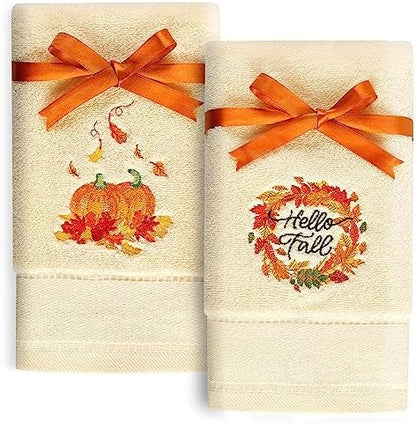 Quera 2 Pack Fall Hand Towels Autumn Pumpkin Thanksgiving Embroidered Premium Luxury Decor Hello Fall Bathroom Decorative Dish Set for Drying Cleaning, Cooking 13.7 "x 29.5"