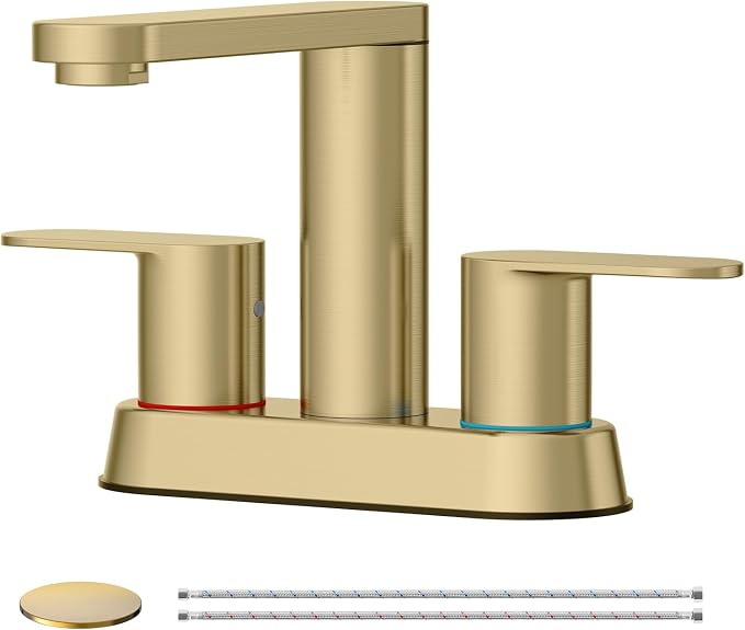 BWE Brushed Gold Bathroom Faucets 4 Inch Centerset Faucet for Bathroom Sink | 2 or 3 Hole Basin 2-Handle 360° Swivel Spout Bathroom Sink Faucet with Pop up Drain Water Supply Hose for Farmhouse Vanity RV