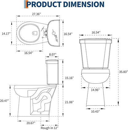 Two Piece Toilet with 21" Extra Tall Height, Elongated Ceramic Bowl without Lid -Dual Flush, CUPC Certified, Water Efficient