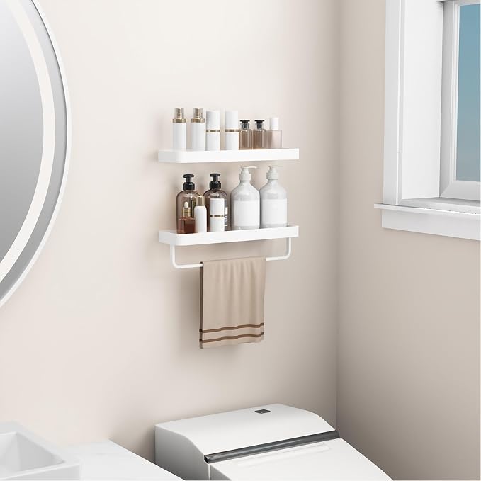16-Inch White Floating Bathroom Shelves with Towel Bar， Clear Tempered Glass Wall Shelf 2-Pack – Versatile Bathroom Organizer Set