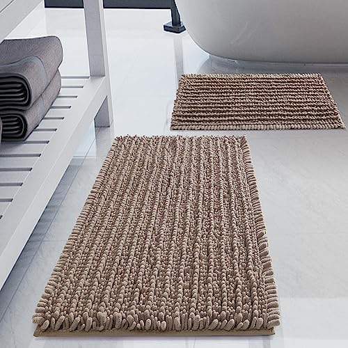 Luxury Polyester Taupe Bathroom Rugs Sets 2 Piece, Thickened Hot Melt Rubber Bottom Bath Mats for Bathroom Non Slip, Bath Rugs Quick Dry Machine Washable for Shower Mat (32"x20"+17"x24")