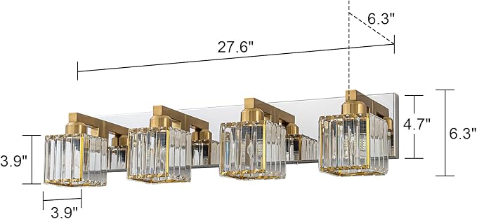 Crystal Bathroom Vanity Light Gold Chrome 4-Light Modern Chrome Vanity Light for Bathroom Square Wall Sconce