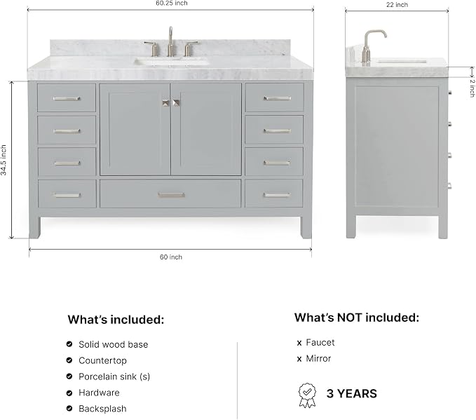 ARIEL Cambridge 60-inch Bathroom Vanity with Sink,Solid Wood, 2-inch Italian Carrara Marble Countertop, Single Rectangular Porcelain Sink, 2 Soft Closing Doors, 9 Dovetail Drawers, Grey