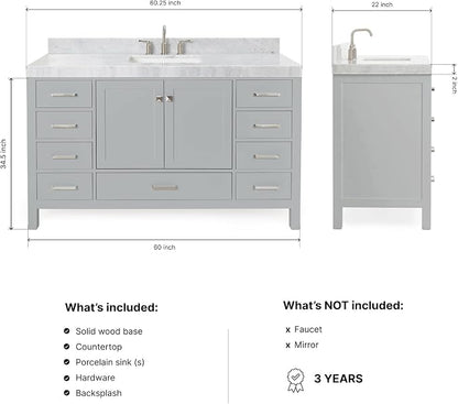 ARIEL Cambridge 60-inch Bathroom Vanity with Sink,Solid Wood, 2-inch Italian Carrara Marble Countertop, Single Rectangular Porcelain Sink, 2 Soft Closing Doors, 9 Dovetail Drawers, Grey