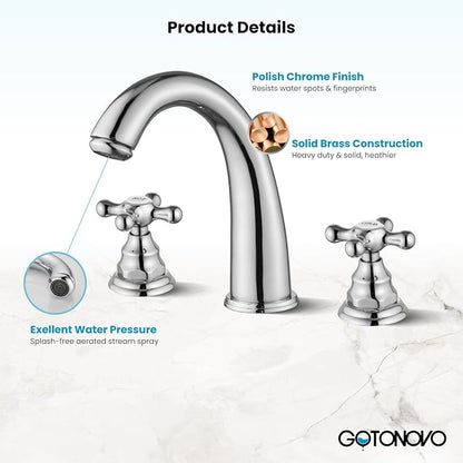 gotonovo Widespread Bathroom Sink Faucet 3 Hole Polished Chrome,H&C Label | Vintage 8’’ Bathroom Faucet,2 Cross Handle,6-16’’ Sink,Vanity,RV,Farmhouse,SUS304,24’’ cUPC Hose,Pop Up Drain,Deck Mount