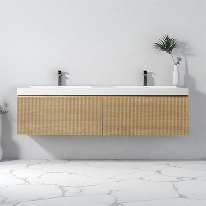 Wall Mounted Bathroom Sink Vanity, Modern 60" Floating Vanity with 2 Resin Top Basins and 2 U-Shaped Soft-Close Storage Drawers, Striped Bathroom Storage Cabinet with Invisible Handle, Wood