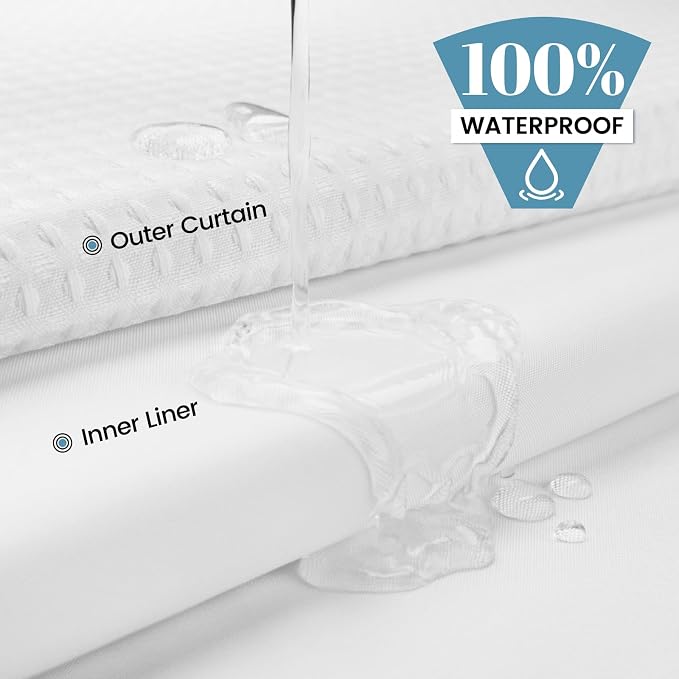 SORTTO No Hook Shower Curtain with Snap in Liner Set Waffle Shower Curtain for Bathroom Hotel Style Fabric Waterproof Inner Liner，71" W x 86" H, White