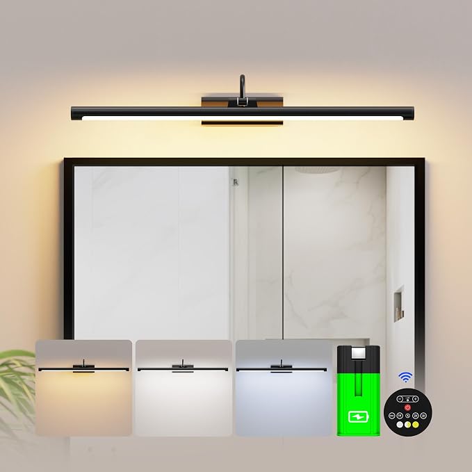 Vanity Lights for Bathroom Black 24 inch Bathroom Lamps for Wall | 10000mAh Rechargeable, No Wiring, 500LM Dimmable 3CCT, with 1 Removable Battery for Bathrooms Mirror,Hallway Pictures