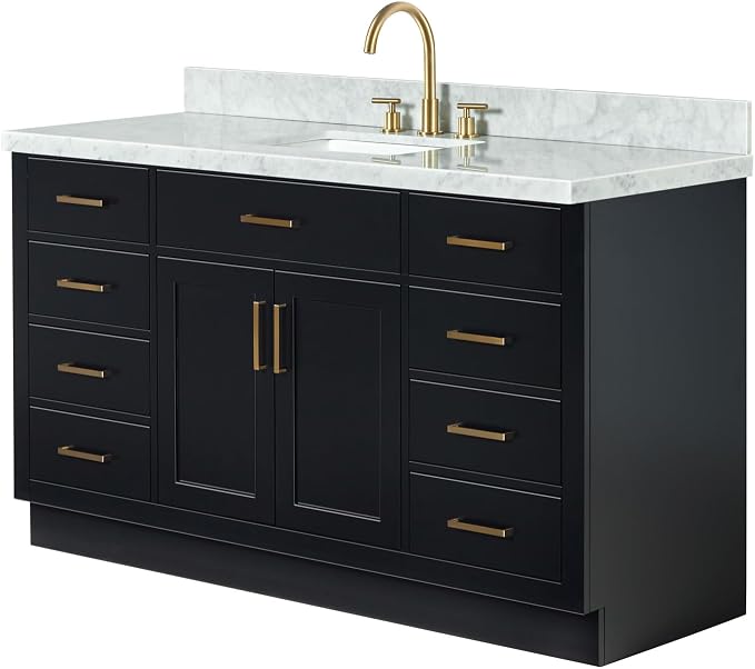 ARIEL Hepburn 60-inch Bathroom Vanity with Sink,Solid Wood, 1.5-inch Italian Carrara Marble Countertop, Single Rectangular Porcelain Sink, 2 Soft Closing Doors, 9 Dovetail Drawers, Black
