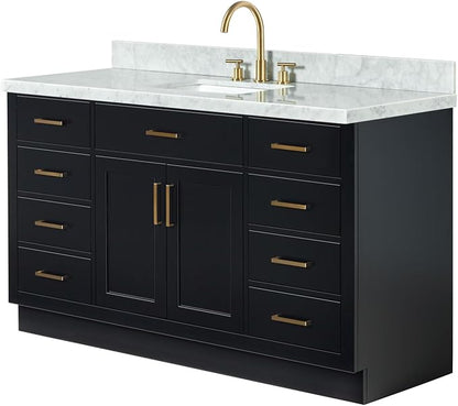 ARIEL Hepburn 60-inch Bathroom Vanity with Sink,Solid Wood, 1.5-inch Italian Carrara Marble Countertop, Single Rectangular Porcelain Sink, 2 Soft Closing Doors, 9 Dovetail Drawers, Black
