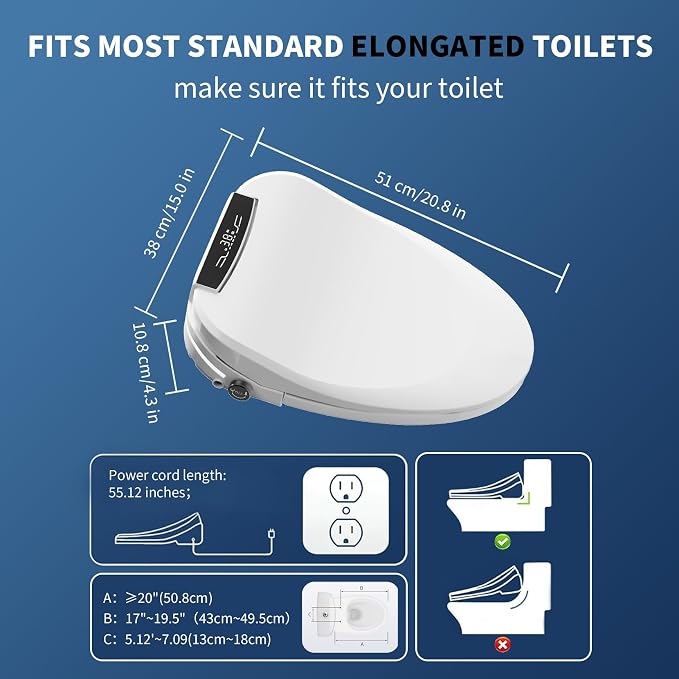 Elongated Electric Bidet Toilet Seat, Warm Water Bidet With Dryer | Luxury Smart Bidet with LED Display Panel, Adjustable Pressure, Steel Nozzle, Soft-Close, Wireless Remote, for Villa & Family
