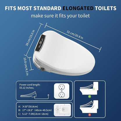 Elongated Electric Bidet Toilet Seat, Warm Water Bidet With Dryer | Luxury Smart Bidet with LED Display Panel, Adjustable Pressure, Steel Nozzle, Soft-Close, Wireless Remote, for Villa & Family