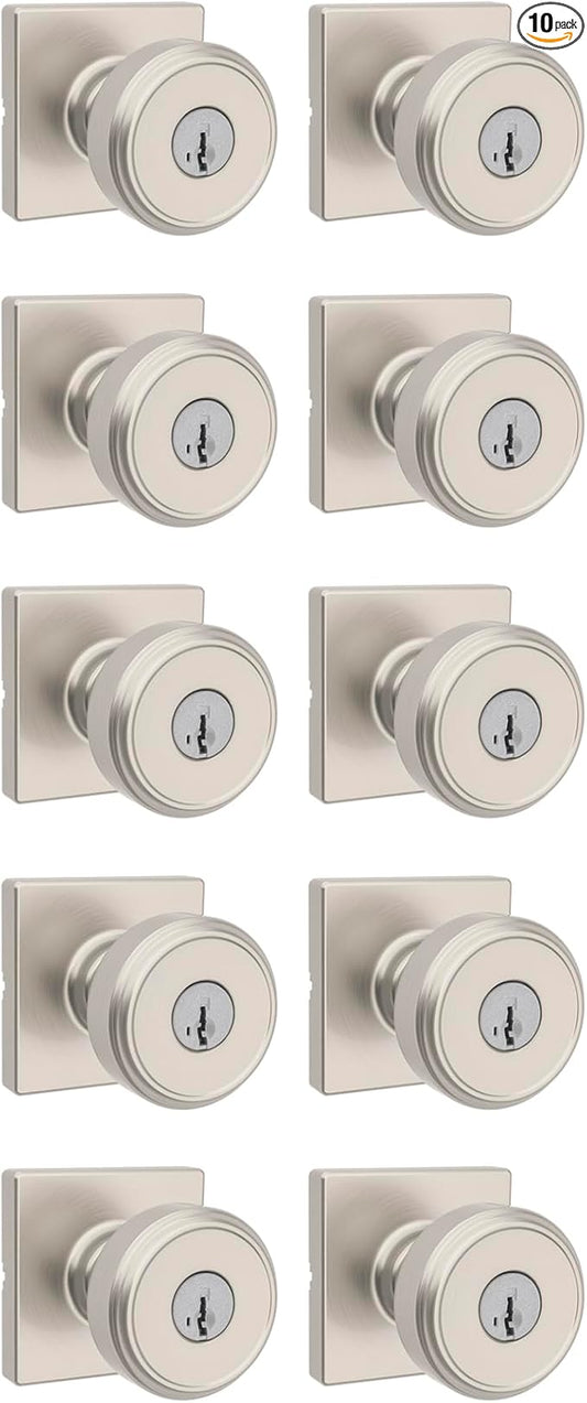 Kwikset Maven Entry Door Knob with Lock and Key, Secure Keyed Handle Exterior, Front Entrance and Bedroom, Satin Nickel, 10 Pack, Pick Resistant SmartKey Rekey Security and Microban