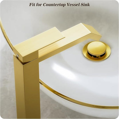 Brushed Gold Bathroom Faucet Brass Vessel Sink Faucet, Square Single Hole Single Handle Waterfall Above Counter Sink Faucet with Metal Pop Up Drain Without Overflow, FH05-BG-V
