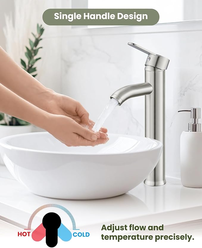 gotonovo Vessel Sink Faucet Modern Tall Bathroom Faucet Single Handle One Hole Stainless Steel Vanity Lavatory Rv Bowl Basin Mixer Tap with Supply Lines and Metal Pop Up Drain, Brushed Nickel
