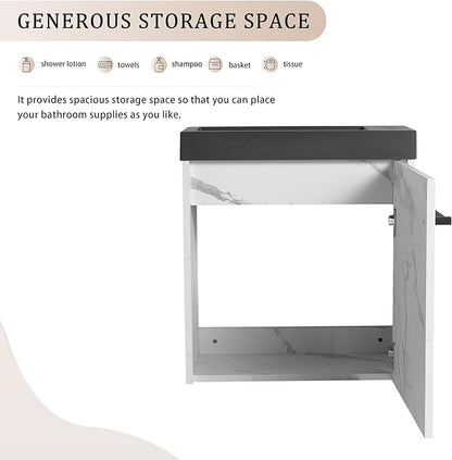KEIKI 20'' Bathroom Vanity Cabinet with Sink, Wall Mounted Floating Bathroom Vanity with Soft-Close Cabinet Door, for Small Bathroom, Carrara Black