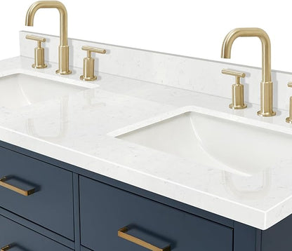 ARIEL Hutton 60-inch Bathroom Vanity with Sink,Solid Wood, 1.5-inch Carrara White Quartz Countertop & Backsplash, Double Rectangular Porcelain Sink, 3 Dovetail Drawers, Midnight Blue