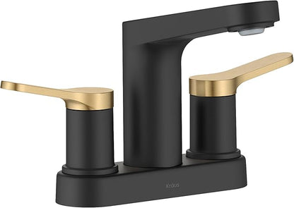 KRAUS Indy Centerset Bathroom Faucet in Spot-Free Brushed Brass/Matte Black with 2 Handles, Pop Up Drain and Supply Lines, FUS-14102SFBBMB