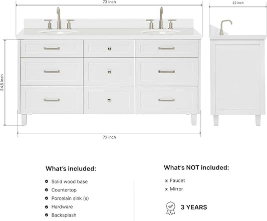 ARIEL Monroe 72-inch Bathroom Vanity with Sink,Solid Wood, 1.5-inch Pure White Quartz Countertop & Backsplash, Double Rectangular Porcelain Sink, 9 Dovetail Drawers, Brushed Nickel, White