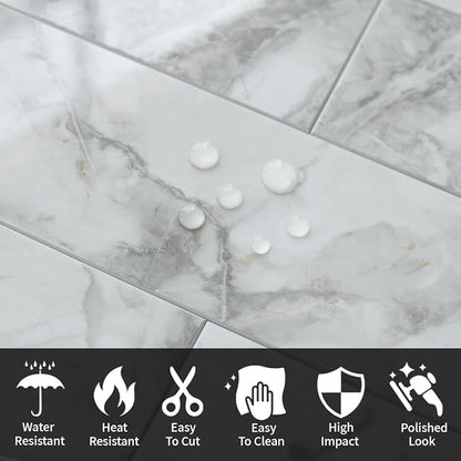 AULIGET Polished White Marble Peel and Stick Backsplash Wall Tiles, 3" x 12" PVC Faux Stone Stick on Tiles for Backsplash Kitchen, 4