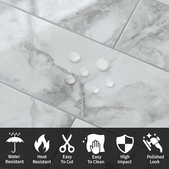 AULIGET 40-Piece Polished White Marble Peel and Stick Backsplash Wall Tiles, 3" x 12" PVC Faux Stone Stick on Tiles for Backsplash Kitchen, Bathroom, Laundry Room, Camper, Fireplace