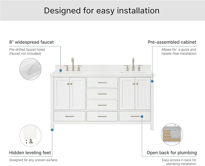 ARIEL Cambridge 66-inch Bathroom Vanity with Sink,Solid Wood, 1.5-inch Pure White Quartz Countertop & Backsplash, Double Rectangular Porcelain Sink, 4 Soft Closing Doors, 6 Dovetail Drawers, White