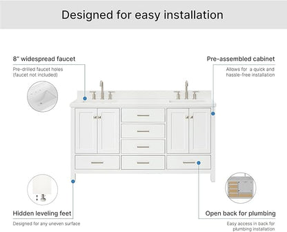 ARIEL Cambridge 66-inch Bathroom Vanity with Sink,Solid Wood, 1.5-inch Pure White Quartz Countertop & Backsplash, Double Rectangular Porcelain Sink, 4 Soft Closing Doors, 6 Dovetail Drawers, White