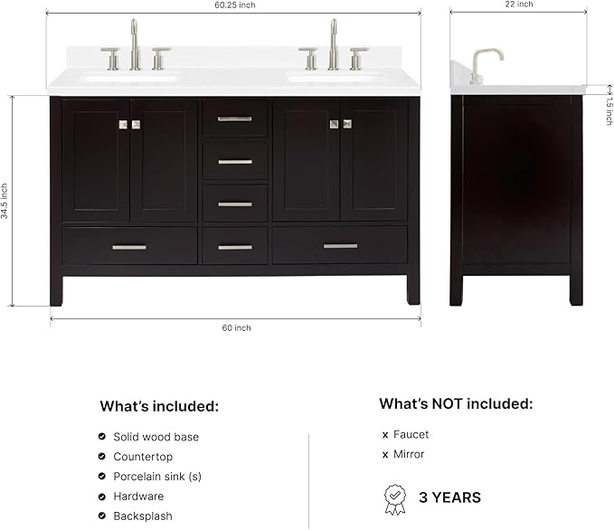 ARIEL Cambridge 60-inch Bathroom Vanity with Sink,Solid Wood, 1.5-inch Carrara White Quartz Countertop, Double Rectangular Porcelain Sink, 4 Soft Closing Doors, 6 Dovetail Drawers, Espresso