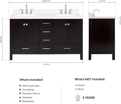 ARIEL Cambridge 60-inch Bathroom Vanity with Sink,Solid Wood, 1.5-inch Carrara White Quartz Countertop, Double Rectangular Porcelain Sink, 4 Soft Closing Doors, 6 Dovetail Drawers, Espresso